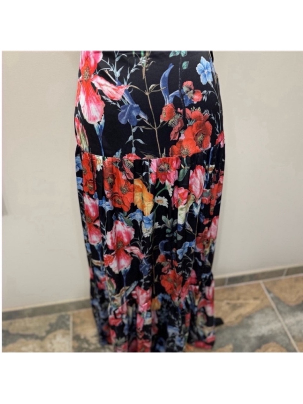AKIRA Women’s Black Maxi Skirt with Red, Pink & Blue Floral Print S